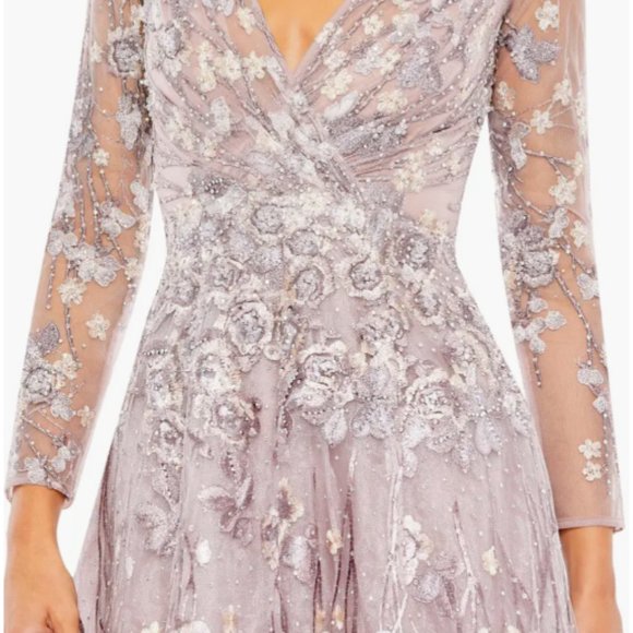 MAC DUGGAL FLORAL EMBROIDERED EMBELLISHED LONG SLEEVE MESH LILLAC GOWN sz 6 - Picture 3 of 5